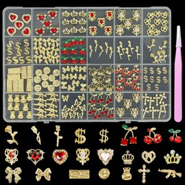 KINGNAME 200 PCS Gold Nail Charms Set with Hearts, Crowns, Cherries, Dollar Signs for Nail Art Decoration Jewelry