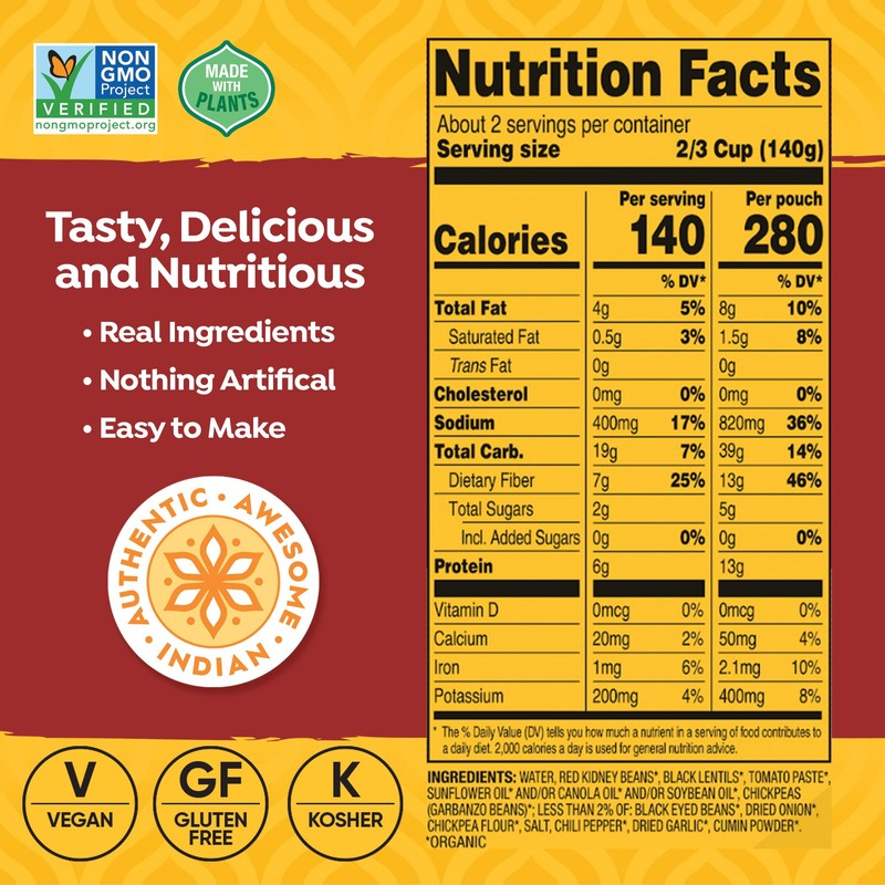 Tasty Bite Organic 3 Bean Madras Lentils Vegan Microwaveable Indian