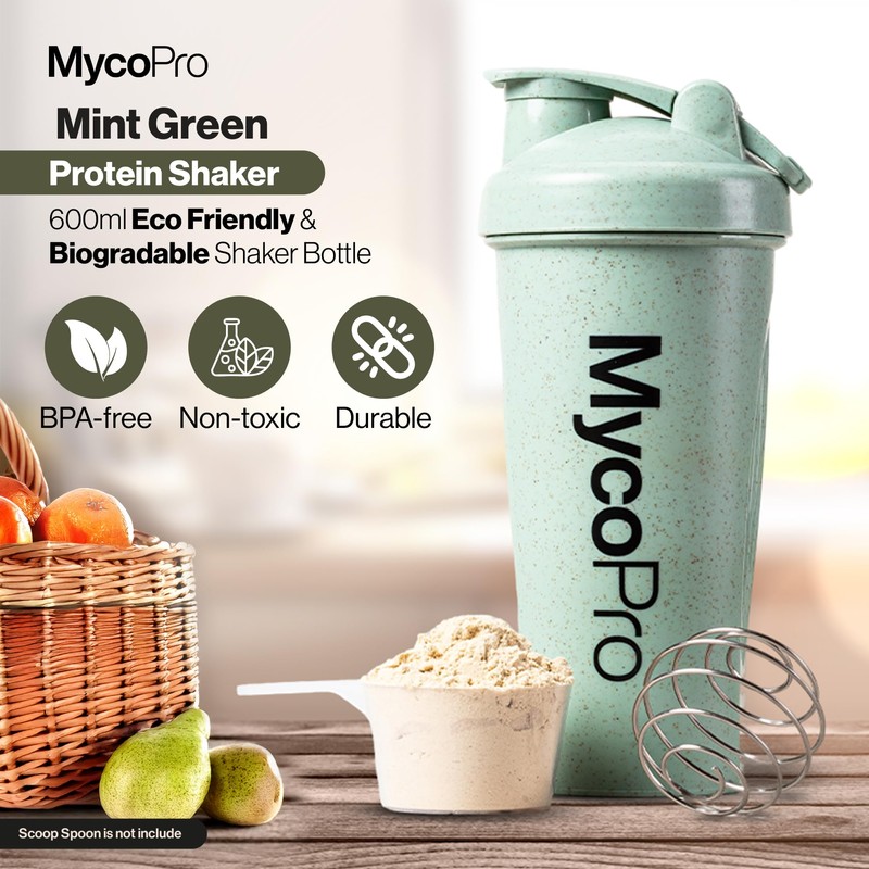 MycoPro Mint Green Protein Shaker Bottle – 600ml Gym Shaker