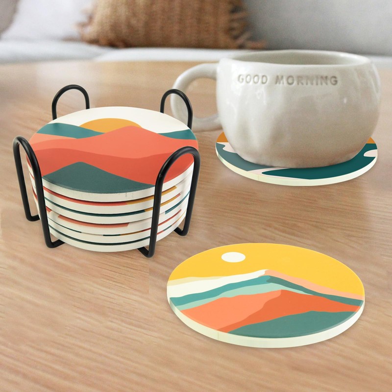 Boho Coasters Bohemian Absorbent Coasters for Drinks Mountain Sun and