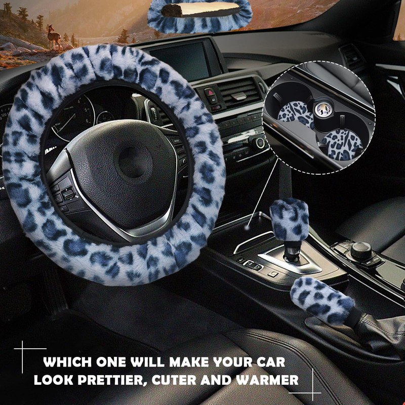10Pcs Fluffy Leopard Print Car Accessories Set – Featuring Plush