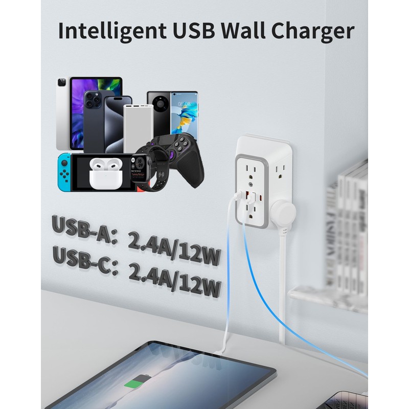 Outlet Extender 6 AC Surge Protection 1050J,Wall Charger 2 USB