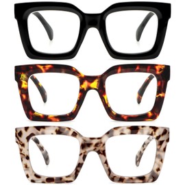 REAVEE 3 Pack Oprah Style Oversized Reading Glasses for Women Men Blue Light Blocking Computer Thick Frame stylish Square Readers with Spring Hinge((Black/Tortoise/Brown Tortoise, 2.5)