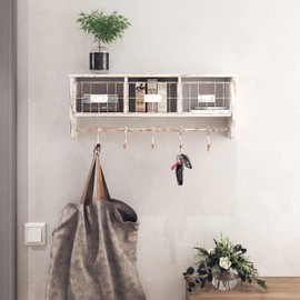 HBCY Creations Wall Mounted Shelf with Coat Hooks and Baskets, Solid Wood Entryway Organizer Wall Shelf with Hooks - Hang Coats, Keys or Coffee Mugs, Rustic Whitewashed 24" Wide