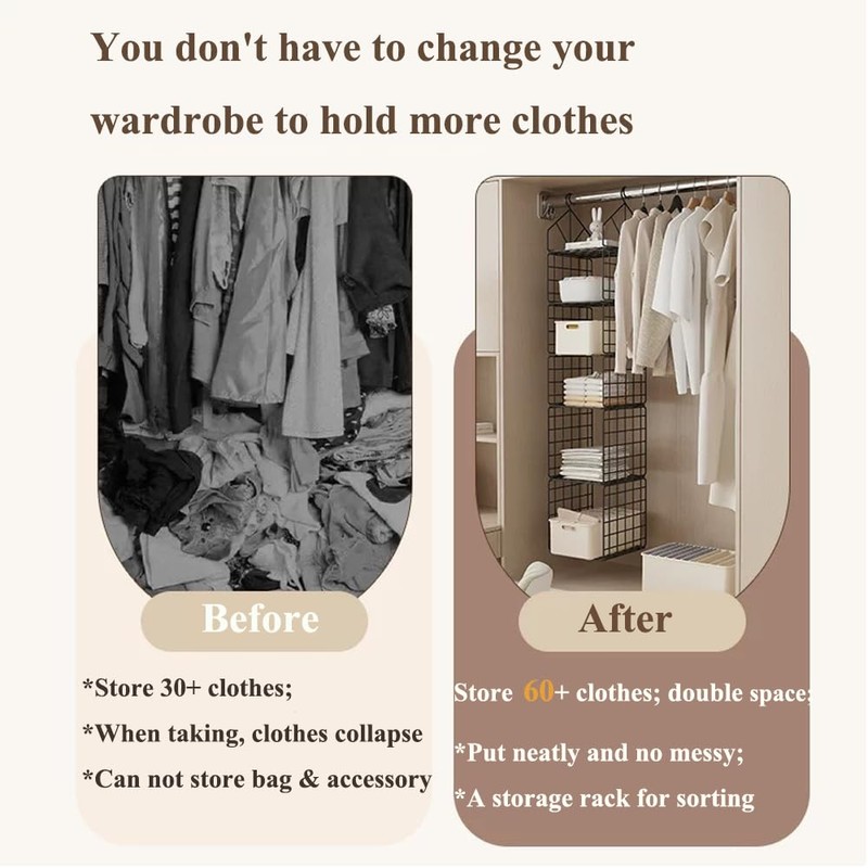 Yagizaai Hanging Closet Organizer, Carbon Steel 5-Shelf Hanging Storage, Collapsible