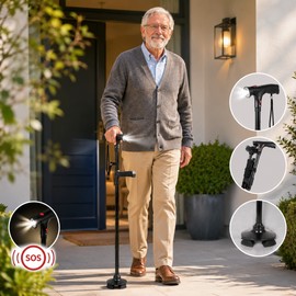 Folding Walking Cane for Seniors – Adjustable Aluminum Mobility Stick with LED Light & Alarm for Daily Support