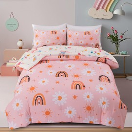 Holawakaka Boho Rainbow Daisy Twin Comforter Set with Sheets, 5-Piece Bohemian Sun Flower Bedding Set for Girls & Women - Super Soft Microfiber Kids Teen-Girls Orange Reversible Bed-in-a-Bag