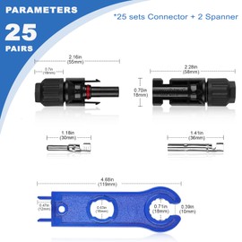VanFeb Solar Connectors, 50PCS Male/Female Waterproof IP67 25 Pairs MC4 1000V 30A, Solar Panel Cable Connectors Multi-Contact 4 with 2 Spanners(10AWG)