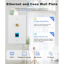 2 Port Ethernet Coax Wall Plate with Single Gang Low Voltage Mounting Bracket, ELECTOP Cat 6 Keystone Port Coupler & RG6 Coax F Type Port RJ45 Female to Female Jack Wall Plate