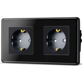 TAWOIA Schuko Socket, EU Standard 2-Way Socket, Glass Flush-Mounted Socket, Sockets with 2.5D Curved Glass Plate, Wall Sockets, Black, 86 x 157 mm