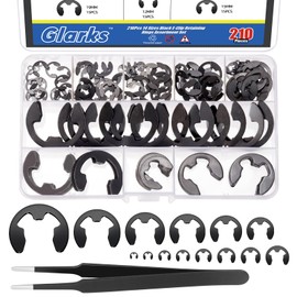 Glarks 211pcs 65MN-Steel E-Clips Retaining Rings Assortment Set 14 Sizes E-Ring Circlip Rings Heat Treated External Retaining Clips E-Clips Retainer Circlip Rings with Tweezers for Gears