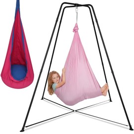 Swing Stand Frame with Sensory Swing and Pod Swing, Heavy-Duty X-Frame Sensory Swing Stand for Kids, Indoor & Outdoor Autism Sensory Hammock with Stand 330LBS Capacity for Home Backyard Park （Pink）