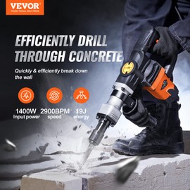 VEVOR Demolition Jack Hammer, MAX 1400W Electric Jackhammer Heavy Duty, 2900 BPM Concrete Breaker 2pcs Chisels Bits Chipping W/Case, Gloves