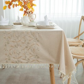 Charoama Waterproof Leaves Embroidery Yarn Tassel Tablecloth 60x102 inch - Faux Burlap Wrinkle Resistant Farmhouse Rustic Table Cloth - Three-Dimensional Flower Table Cover for Kitchen Parties