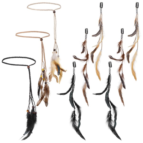 9Pcs Feather Headband with Clip, Boho Feather Headband Hippie Hair