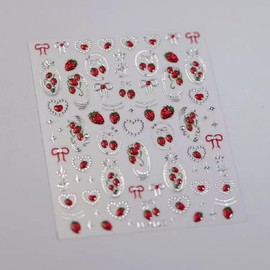 Strawberry Nail Art Stickers 5D Embossed Nail Decals Red Self-Adhesive Nail Art Decals with Silver Hot Stamping Nail Supplies DIY Decorations for Women (1 Sheet)