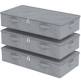 ENUMAIL Underbed Storage Bins, Foldable Under Bed Blankets Container, Organizer Baskets with Lid for Organizing Clothes, Sheets, Pillows, Comforter, 31.4x15.7x5.9in, Grey, 3 Pack