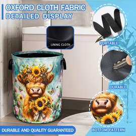 Highland Cow Laundry Basket Brown Longhorn Cattle Oxford Cloth Laundry Hamper With Handle Foldable Portable Clothes Storage Basket 18.9 X 16.5 Inch Storage Bag For Laundry Room/Bathroom/Bedroom
