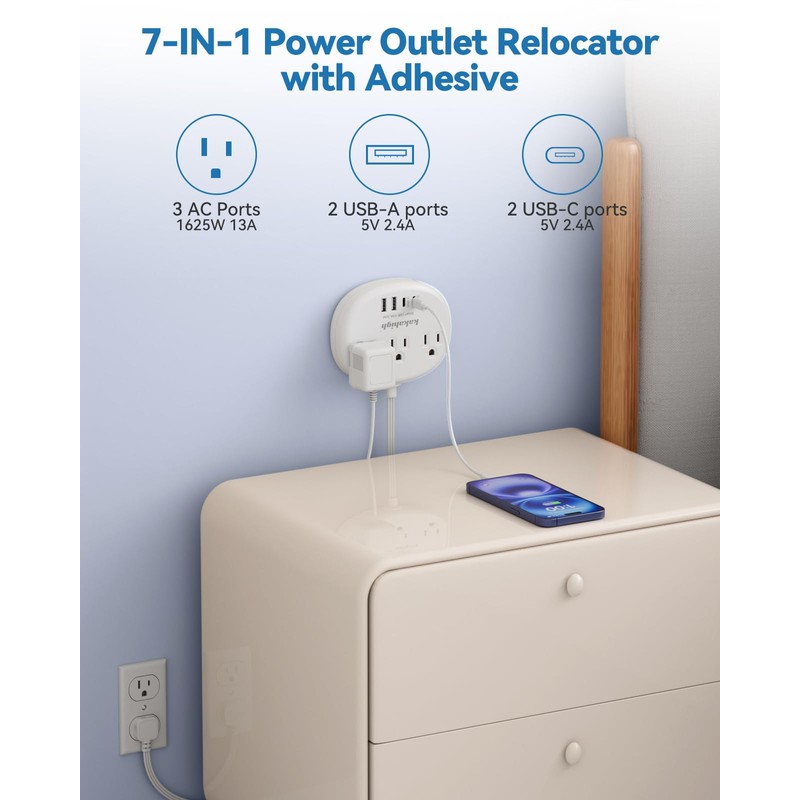 Power Outlet Relocator with Adhesive- 5 FT, 1625W Wall Mounted