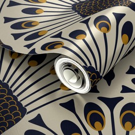 Silver Metallic Wallpaper Swatch - Peacock Fans,Geometric,Bird,Modern,Vintage,Beige,Neutrals,Minimalist,Art Deco,1920s,Scallops,Luxury Traditional Wallpaper by Spoonflower