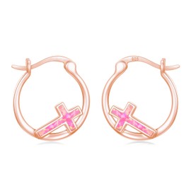 Twoowl Cross Earrings 925 Sterling Silver Rose Gold Pink Opal Hoop Earrings Religious Christian Jewellery for Women