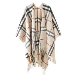 Danfiki Women's Cashmere Feeling Knitted Poncho Cape Cardigan, Double grid white