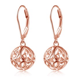 S925 Sterling Silver Rose Heart Round Ball Dangle Drop Leverback Cage Filigree Earrings for Women