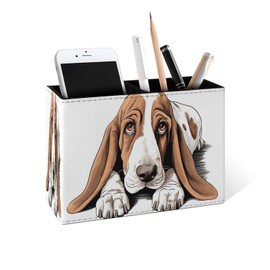 Famame Basset Hound Dog Pencil Holder for Desk, Leather Desktop Container Pen Cup Storage Study Table Pen Organizer Makeup Brush Holder for Classroom Office Home