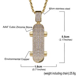 SMANXEY Iced out Hip Hop Skateboard Pendant Necklace in Silver & Gold, Embellished Cubic Zirconia - Ideal for Urban Fashion Devotees
