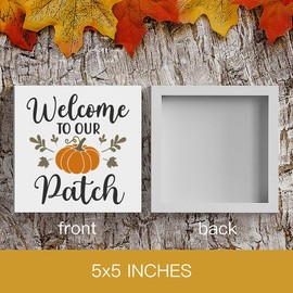 HTBIG Fall Wooden Box Sign Desk Decor, 5.1 X 5.1 Inch Pumpkin Autumn Wood Sign for Tiered Tray Decor for Home Living Room Harvest Day Thanksgiving Tabletop Decor-Welcome to Our Pumpkin Patch