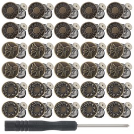 30 Pcs 17mm Jeans Button Replacement Instant No Sew Buttons for Pants Removable Metal Pant Buttons Tightener Adjustable Button Replacement Kit with Threads Rivets and Screwdriver Women Bronze