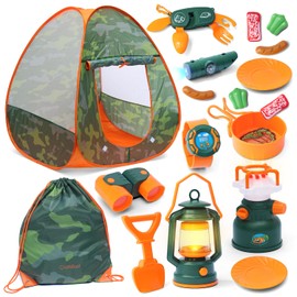 Hearth & Harbor Kids Campaign Play Set - 17 PCs Kids Camping Set with Pop Up Tent, Campfire & Camping Toys - Kids Camping Toys for Indoor Outdoor Pretend Play - Kids Adventure Kit Ages 3 to 6