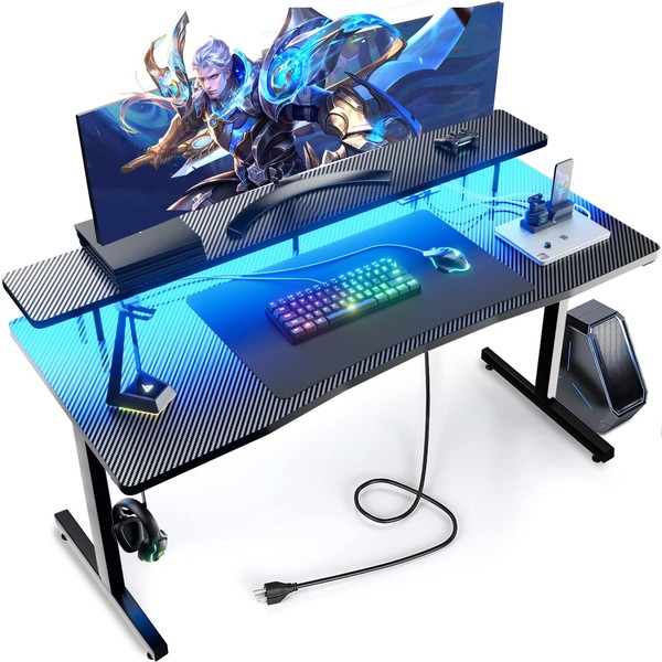GTRACING 55 Inch Gaming Desk with LED Lights, Computer Gamer Desk with Monitor Stand, Ergonomic Carbon Fiber Surface Gaming Table with Power Outlet and Mouse Pad for Home Office, RGB