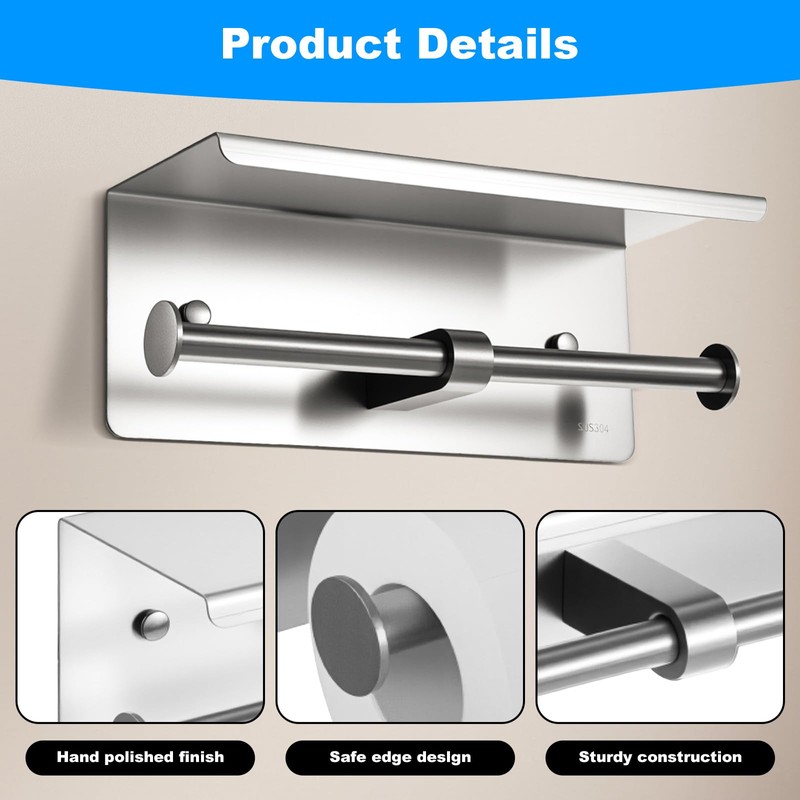 Double Toilet Paper Holder with Shelf, Wall Mount Tissue Roll