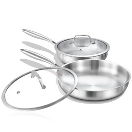 DELARLO Tri-ply Stainless Steel Frying Pan Set with Lid 10" 12" Induction large Skillets Chef's Pan,Pots and Pans Set Kitchen Cookware Set Suitable for All Stove