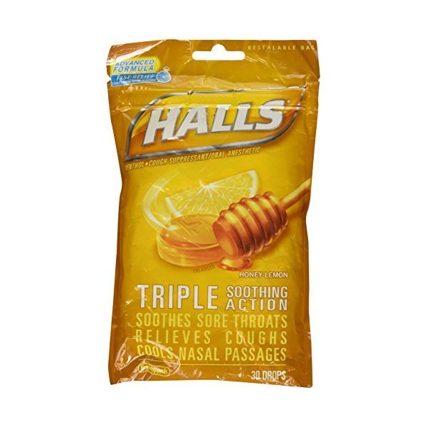 Cos5 Halls Honey Lemon Flavor of Triple Soothing Action Fast Relief Cough Suppressant - 30 Cough Drops by Halls