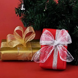 Traditional Glitter Snowflakes Satin Wired Ribbon, 2.5 Inch 10 Yards Organza Satin Ribbon with Metallic Edge Christmas Snowflakes Wired Sheer Ribbon for Christmas Tree Decor Gift Wrap DIY Crafts