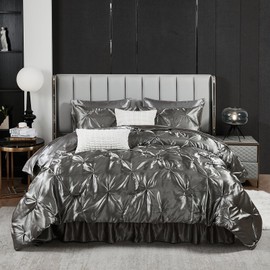 Bedbay Grey Satin King Size Comforter Set 10 Pcs,Bed in a Bag King,Pinch Pleat Bedding Set,Home Decor,Pintuck Luxury Bed Comforter Set,Soft Silky Down Alternative Comforter Bed Set for All Seasons