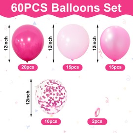 Eitolo Hot Pink Balloons, 60Pcs 12 Inch Hot Pink Pastel Pink Pearly Pink Party Balloons Set with Pink Confetti Helium Latex Rose Red Balloons for Birthday Wedding Baby Shower Anniversary Decorations