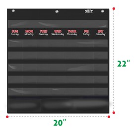 Black Calendar and Weather Pocket Chart with 104 Cards,(72 Illustrated Activity Cards, 32 Dry Erasable Flash Cards and 3 Hooks 20” X 22”)