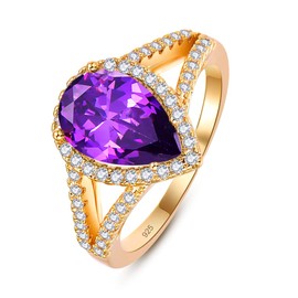 Narica Women's Pear Cut Yellow Gold Plated Created Amethyst Rings Band CZ Cubic Zirconia Filled for Mom 8#