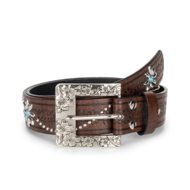 JowTreex Women's Vintage Cowgirl Leather Belt Floral Embossed Country Belts with Buckle for Jeans Pants