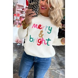 MARZXIN Women 2024 Casual Holiday Sweaters Long Sleeve Round Neck Cable Knit Pullover Top Snow White Merry Bright L