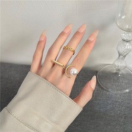 SAVNOJW Gold Stackable Pearl Knuckle Rings Set for Women, Boho Geometric Hollow Midi Statement Ring Vintage Lightweight Open Finger Ring Jewelry Accessories (Gold)