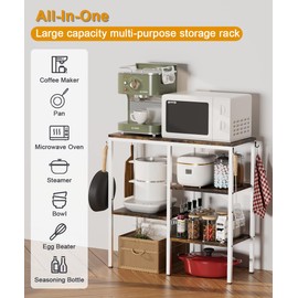 Artibear 4-Tier Kitchen Microwave Oven Stand, Adjustable Coffee Bar Station for Small Appliance, Baker's Rack with 4 Hooks & 5 Storage Shelves, Utility Rack for Kitchen, Living Room, Office, White