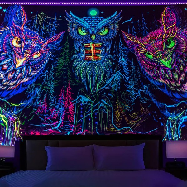 Manicer Blacklight Owl Line Tapestry - Forest Eye Animal Tapestry