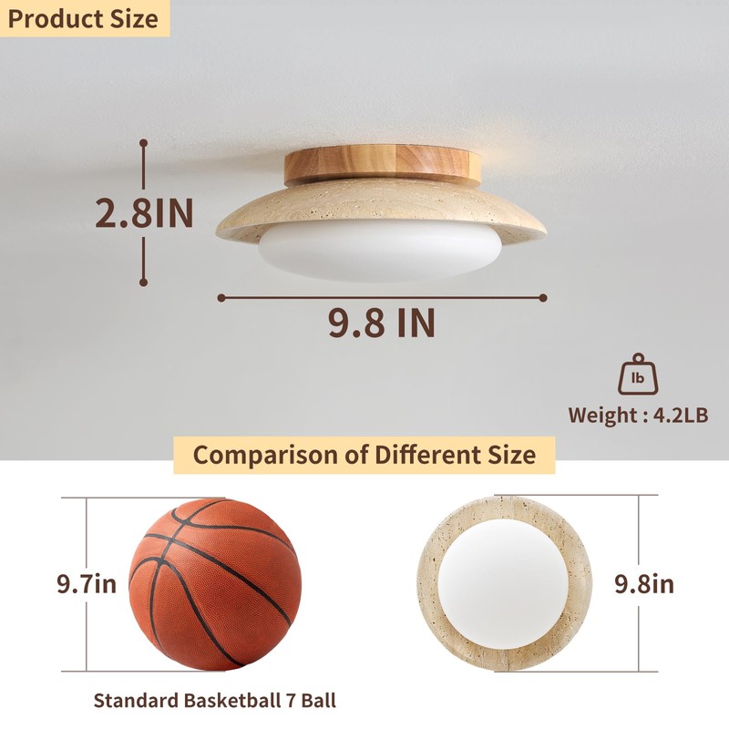 9.8'' Yellow Travertine Flush Mount Ceiling Lamp with Wood Base