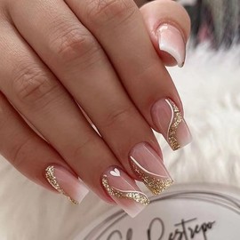 BAOYAALIN Ombre Nude White Press on Nails Medium Square Fake Nails with Glitter Swirl Design Full Cover Press ons Artificial Acrylic False Stick on Nail for Women Girls Daily Wear Wedding 24Pcs