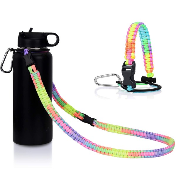 iLVANYA Paracord Handle with Shoulder Strap for Hydro Flask Wide Mouth Bottles, Paracord Strap Carrier for 12oz to 64oz Bottle, Water Bottle Accessories with Safety Ring Carabiner(Bright Rainbow)