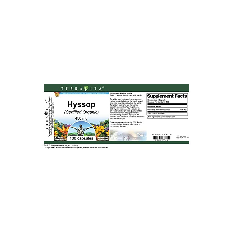 Hyssop (Certified Organic) - 450 mg (100 Capsules, ZIN: 517716)